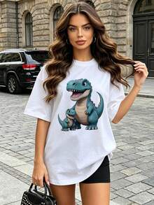Women's Soft And Casual Short-Sleeved T-Shirt With A Crew Neck, Ideal For Summer. The Graphic Dinosaur Print With A Mother And Baby Design Is Perfect For Casual Wear In Spring And Summer. White. - 白色 - 查看 2