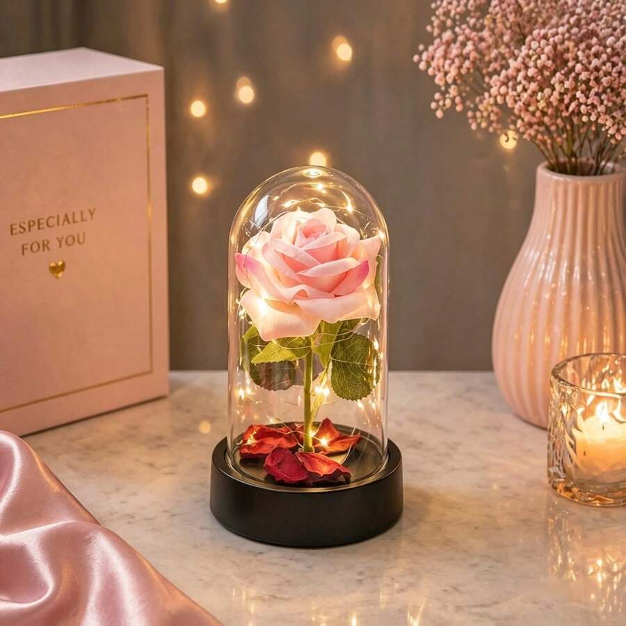 Enchanted Rose With LED Light – Decorative Eternal Flower In Acrylic Dome - 嬰兒粉(新) - 查看 1