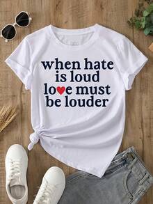 Plus-Size Women's Clothing: When Hate Is Strong, Love Must Be Even Stronger. Women's Crew Neck T-Shirt, Comfortable And Soft. - 白色 - 查看 5