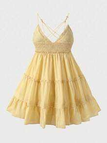 Vestido mini de unicolor elegante y lindo con volantes, espalda descubierta, tirantes finos y sexy, atuendo para fiesta/vacaciones/playa/cita, verano y vacaciones - Amarillo - Ver 8