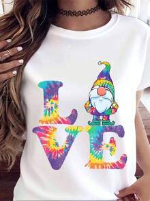Gnome Tie Dye Love Print T-Shirt, Summer Casual Wear, 220g Women's T-Shirts - 白色 - 查看 3