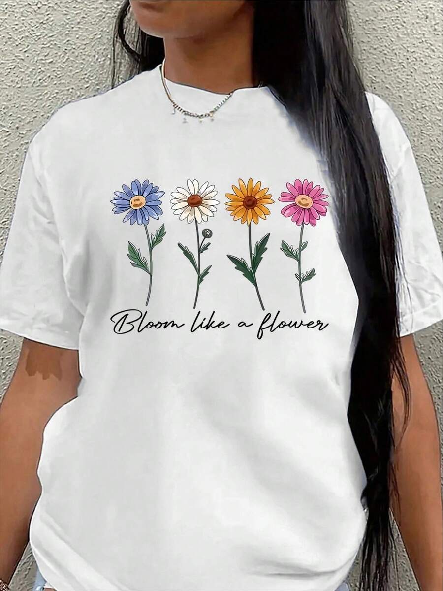 Camiseta de manga corta de poliéster, adornada con coloridos patrones florales y el estampado "Blossom Like a Flower", ligera y duradera, adecuada para el hogar, la oficina o para uso en actividades de ocio al aire libre.blusas para mujer>ropa - Blanco - Ver 1