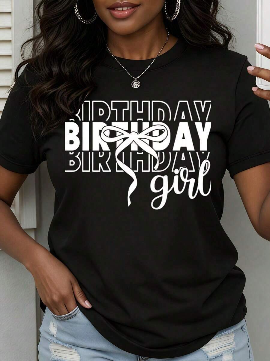 Women's Crew Neck T-Shirt With Birthday Print, Casual Style For Everyday Wear - Vintage Urban Style, Unisex, Loose Fit, Cotton, Short Sleeve, 100% Pure Cotton - 黑色 - 查看 1