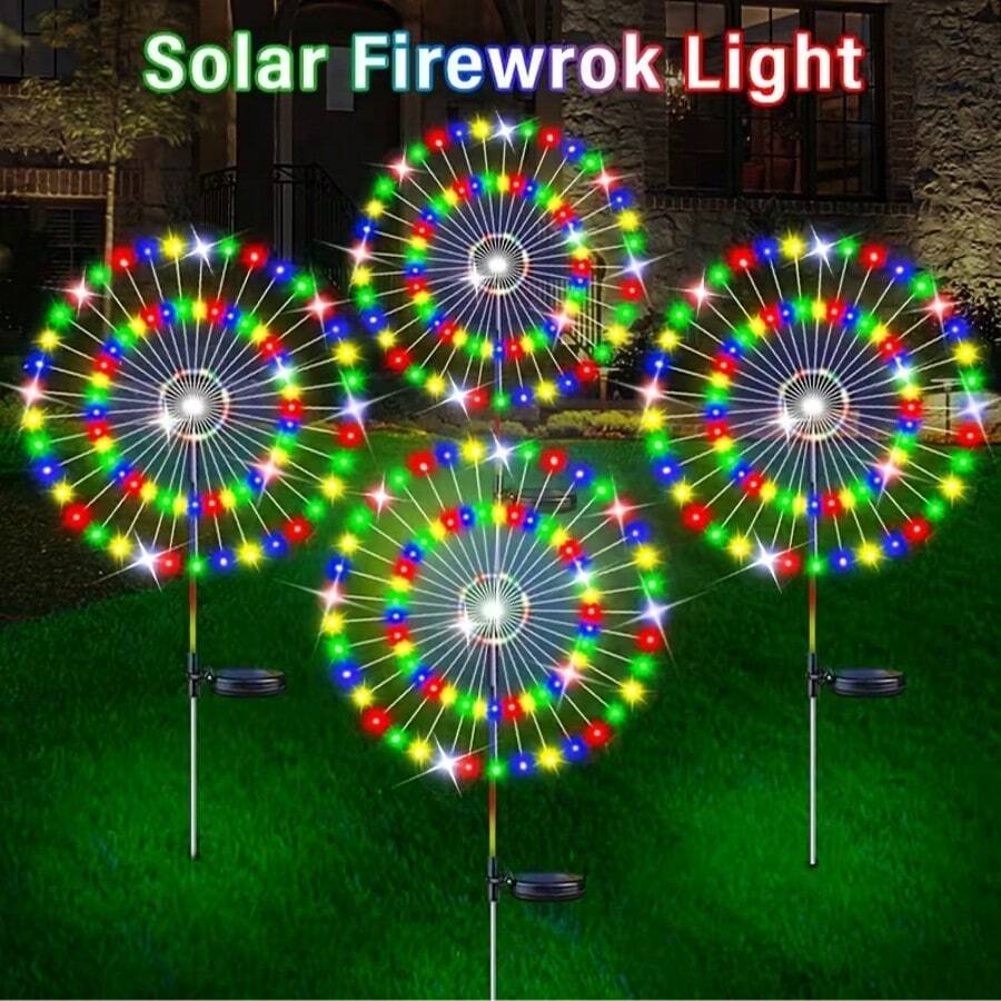 Solar Powered Firework Decorative Lights, 8 Lighting Modes, Suitable For Yard/Garden/Villa Pathway Outdoor Lighting, Smart Sensor - Light Sensor And Auto Brightness Adjustment - 地插煙火燈 - 查看 1
