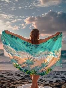 250gsm Super Absorbent Quick Dry Microfiber Beach Towel With Sunny Coconut Tree Pattern, Suitable For Beach, Pool, Yoga Mat, Sunscreen Shawl, Summer Travel, Camping, Swimming, Picnic - Cadet Blue - View 6