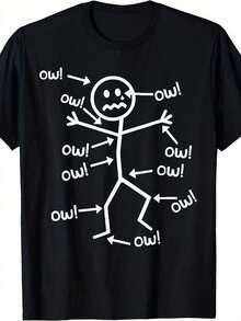 Men's Funny Graphic T-Shirt With 'Ow Ow Ow Ow Ow Ow' Character Design, Funny Face Design With 'Ow' Text And Cartoonish Painful Expression, Casual Crew Neck For Casual Outfits, Parties And Christmas, Soft Clothing For Daily Wear And Christmas Eve, Festive Design For Seasonal Casual Wear - 黑色 - 查看 1