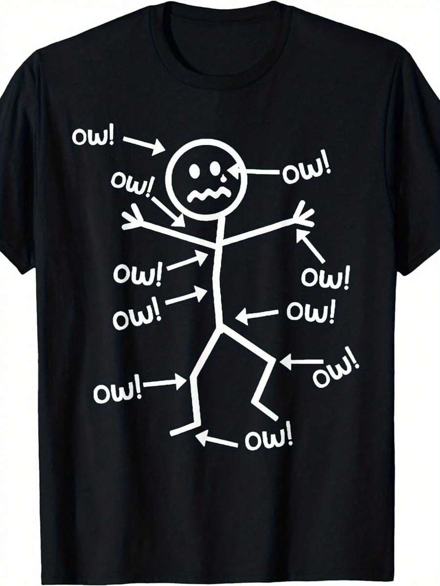 Men's Funny Graphic T-Shirt With 'Ow Ow Ow Ow Ow Ow' Character Design, Funny Face Design With 'Ow' Text And Cartoonish Painful Expression, Casual Crew Neck For Casual Outfits, Parties And Christmas, Soft Clothing For Daily Wear And Christmas Eve, Festive Design For Seasonal Casual Wear - 黑色 - 查看 1