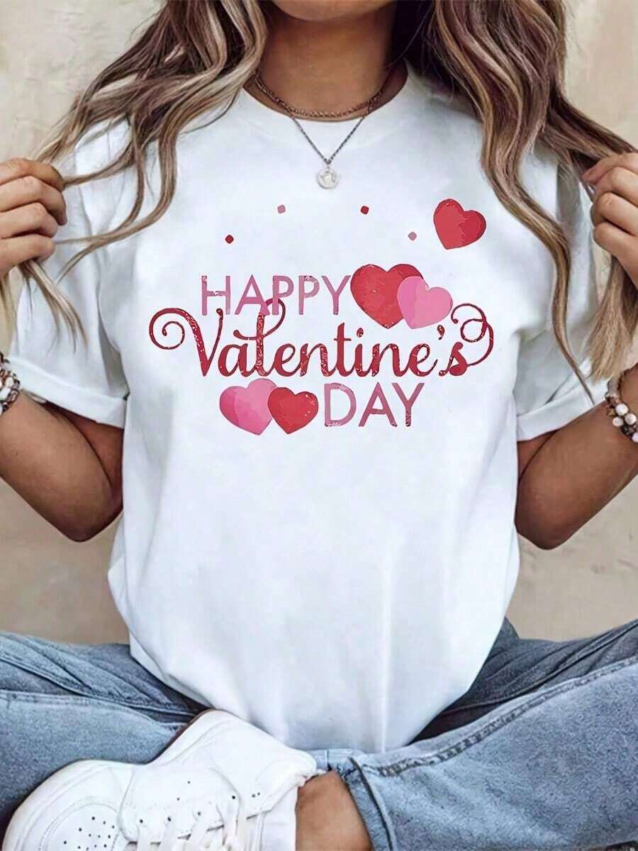 Women's Casual Crew Neck T-Shirt, Heart Print For Valentine's Day, Short Sleeve, Casual Valentine's Day Outfit For Women, Fashion - 白色 - 查看 1