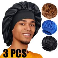 3 chiếc mũ trùm đầu bằng satin dành cho nam, mũ ngủ ban đêm bằng lụa có dây chun rộng, khăn trùm đầu mềm mại, mượt mà để chăm sóc tóc. - Lớp đơn nhỏ - Xem 9