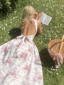MOD Vestido con estampado floral romántico, espalda abierta y lazo - Blanco - Ver 5
