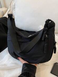 时尚纯色尼龙防水单肩包，休闲简约学院风，宽肩带，多拉链设计，适合学生、购物、日常使用 - 黑色 - 查看 6