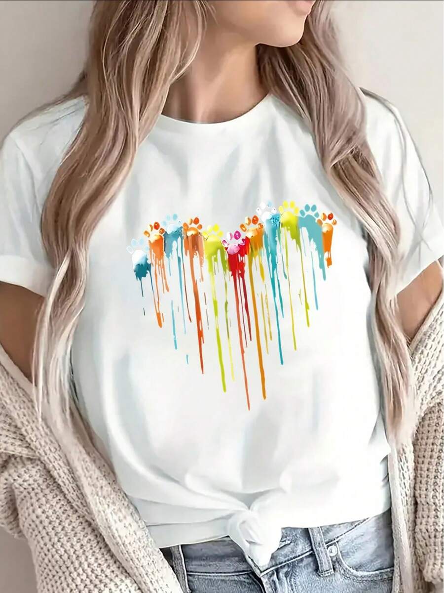 Nueva camiseta de moda para mujer con cuello redondo, de poliéster de alta densidad y manga corta, adornada con coloridos patrones de corazones goteantes, ligera y cómoda, adecuada para uso casual en casa, en la oficina o en restaurantes, combinando perfectamente con las de moda diarias. Éxito de , diseño versátil para el verano. - Blanco - Ver 1