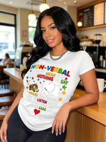 Camiseta de Algodón con Estampado de Arte Mexicano y Rompecabezas sobre Autismo, Estilo Casual, Manga Corta, Cuello Redondo, Moda para Todas las Temporadas, Ropa de Mujer, Camiseta Familiar Coordinada - Blanco - Ver 5