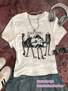 NANA Blackstone Camiseta de manga corta y cuello redondo estampado, cropped y elástica para mujer, ideal para todas las estaciones - Blanco - Ver 1