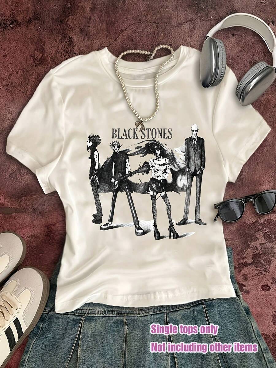 NANA Blackstone Camiseta de manga corta y cuello redondo estampado, cropped y elástica para mujer, ideal para todas las estaciones - Blanco - Ver 1