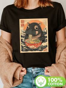 T-Shirt With A Hippopotamus Eating Ramen Print, Short Sleeves And Round Neck, Casual Top For Summer And Spring, Women's Clothing[COD] - 黑色 - 查看 6