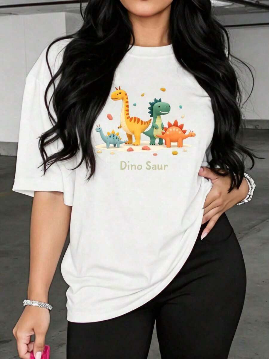 Playera Holgada para Mujer con Estampado de Dinosaurios de Dibujos Animados, Transpirable - Blanco - Ver 1