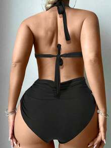 Conjunto de bikini 2025 para mujer con diseño de cruz calado, halter, sexy y con soporte de aros para el verano - Negro - Ver 8