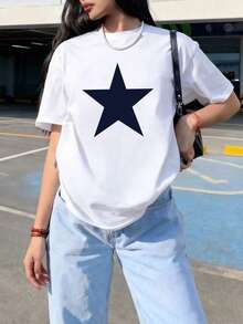 Camiseta de primavera/verano de cuello redondo y manga corta con estampado de pentagrama grande en el pecho, holgada y cómoda, estilo casual, versátil para el hogar y viajes - Blanco - Ver 1