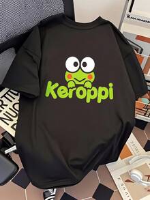 Women's Black Short-Sleeved T-Shirt With A Big-Eyed Frog Print, Featuring A Modern And Fresh Style, Loose Fit, Suitable As A Birthday Or Valentine's Day Gift. | Exquisite Design | Loose And Comfortable | Easy To Match | - 黑色胸前大圖 - 查看 7