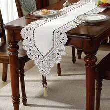 1pc Embroidered Floral Table Runner, Farmhouse Style Polyester Embroidered Hollow-Out Dust-Proof Table Runner, Suitable For Cabinet, Dining Table, Coffee Table, Daily Home Decor And Wedding Party Holiday - 010 White - View 5