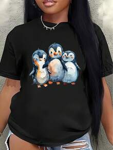 Camiseta de manga corta de poliéster, estampada con un lindo diseño de una familia de pingüinos, ligera y duradera, adecuada para uso casual en casa o en una cafetería, ofreciendo tanto comodidad diaria como un estilo divertido. - Negro - Ver 1