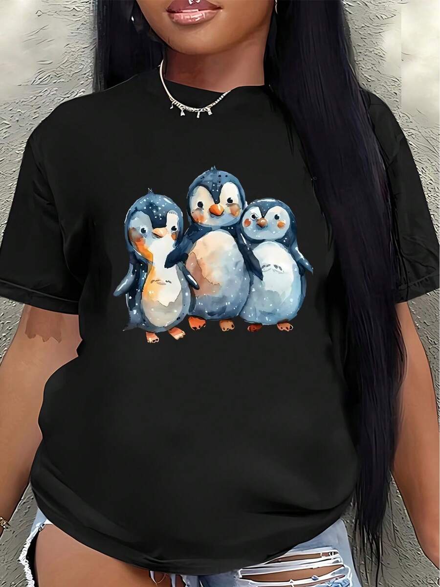 Camiseta de manga corta de poliéster, estampada con un lindo diseño de una familia de pingüinos, ligera y duradera, adecuada para uso casual en casa o en una cafetería, ofreciendo tanto comodidad diaria como un estilo divertido. - Negro - Ver 1