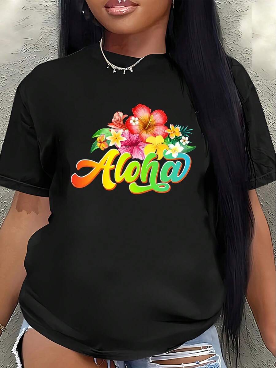 Short-Sleeved Polyester T-Shirt Adorned With Colorful Hawaiian Floral Prints, Lightweight And Durable, Suitable For Beach Vacations Or Everyday Casual Wear, Perfect For Summer Outings And Tropical-Themed Events. Women's Casual Blouse - 黑色 - 查看 1