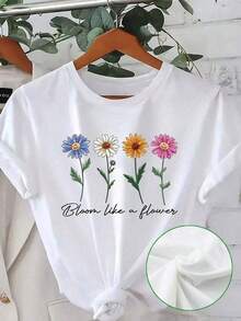 Casual T-Shirt [Plus Size Floral T-Shirt] Women's Plus Size Short Sleeve Casual T-Shirt | Floral Print With The Phrase "Bloom Like A Flower", Round Neck, Machine Washable, Comfortable Stretch Fabric For Spring, Summer And Autumn, Summer Top, Fun Design, Stretchy Material, 100% Cotton, Durable. - 白色 - 查看 2