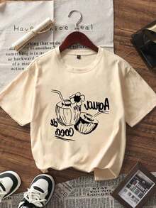 1 Piece Of Short-Sleeved, Round-Neck Polyester T-Shirt With A Tropical Coconut Drink Print, For Men And Women, Ideal For Casual Beach Wear During The Summer. Versatile, Easy To Match, Suitable For Daily Wear, Urban Style, Vacation Outfits, And Weekend Outfits. - 杏 - 查看 4