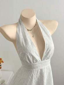 Vestido midi casual para mujer, uso versátil diario, vestido de slip-on de unicolor con cuello en V profundo de encaje, primavera/verano - Blanco - Ver 3