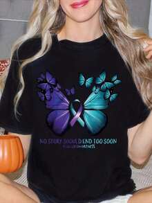 Women's T-Shirt With Butterfly Design For Suicide Awareness, Short Sleeves, Round Neck, Casual Summer Top, And A Great Gift For Friends And Family. Made Of Cotton, Machine Washable, This Casual Top Is Suitable For Everyday Wear. - 黑色 - 查看 5