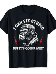 Men's Retro-Style T-Shirt With A Fun Design, Featuring A Gorilla And Wrench Print, Perfect For Enthusiasts And Mechanics. Soft Crew Neck T-Shirts Are An Ideal Choice For Everyday Wear. - 黑色 - 查看 1