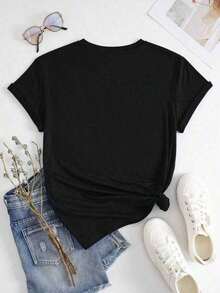 Nueva Camiseta de Moda para Mujer con Cuello Redondo 001, Talla, con Estampado de Dibujos Animados y Lema, Camiseta Gráfica para Mujer, Estilo Urbano Vintage, Unisex, de Algodón, Manga Corta, Diseño Versátil para Verano. - Negro - Ver 3