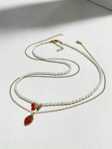 2pcs Vintage Fashionable Sexy Elegant Delicate Strawberry & Cherry Pendant Necklace Set, Suitable For Women's Daily Casual, Party, Music Festival Wear, Holiday Gift - Multicolor - View 5