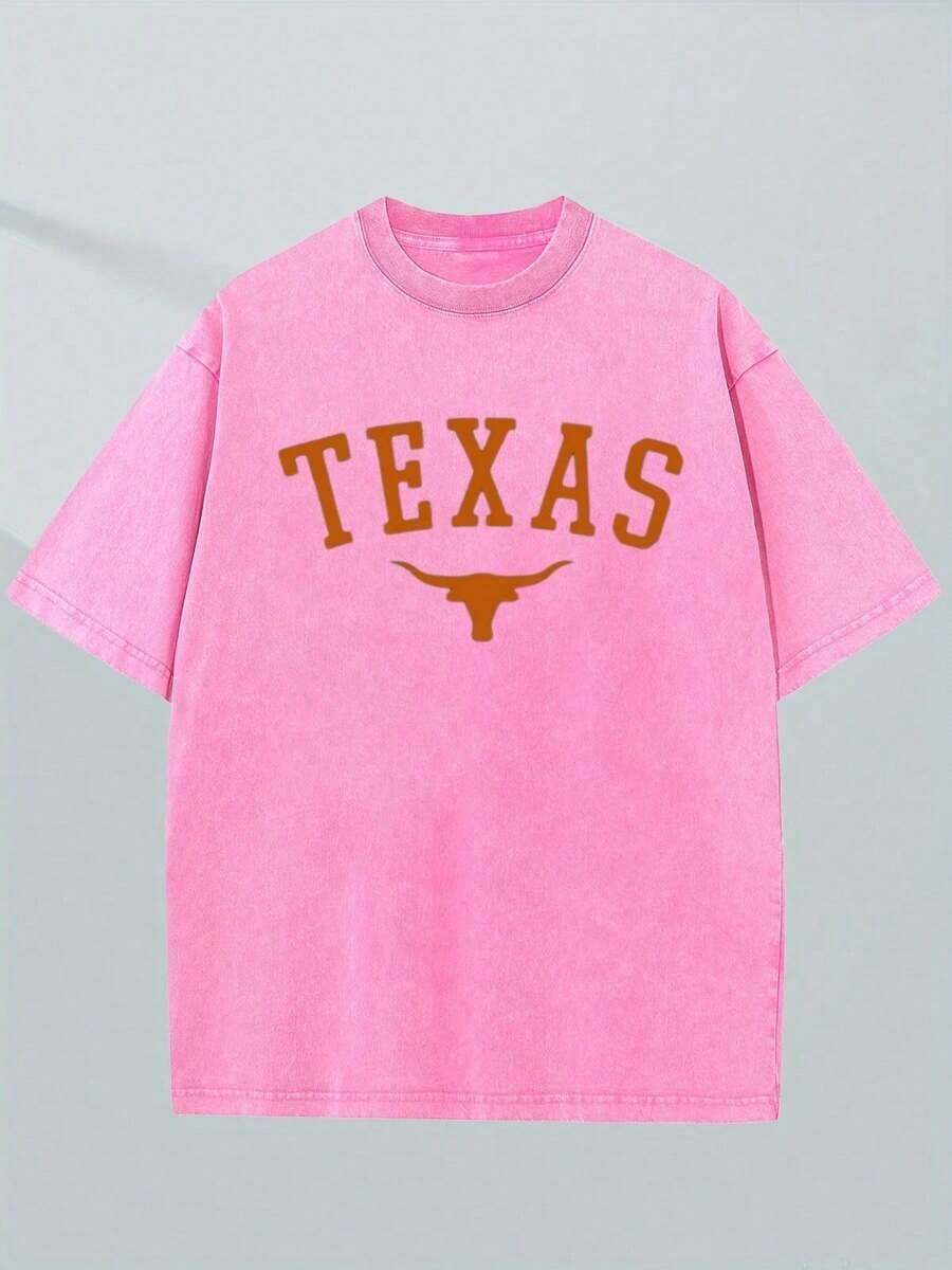 Camiseta Casual de Hombre con Estampado Vintage de Texas y Longhorn, Lavada y Desgastada, Cuello Redondo y Manga Corta - Rosa Fucsia - Ver 1