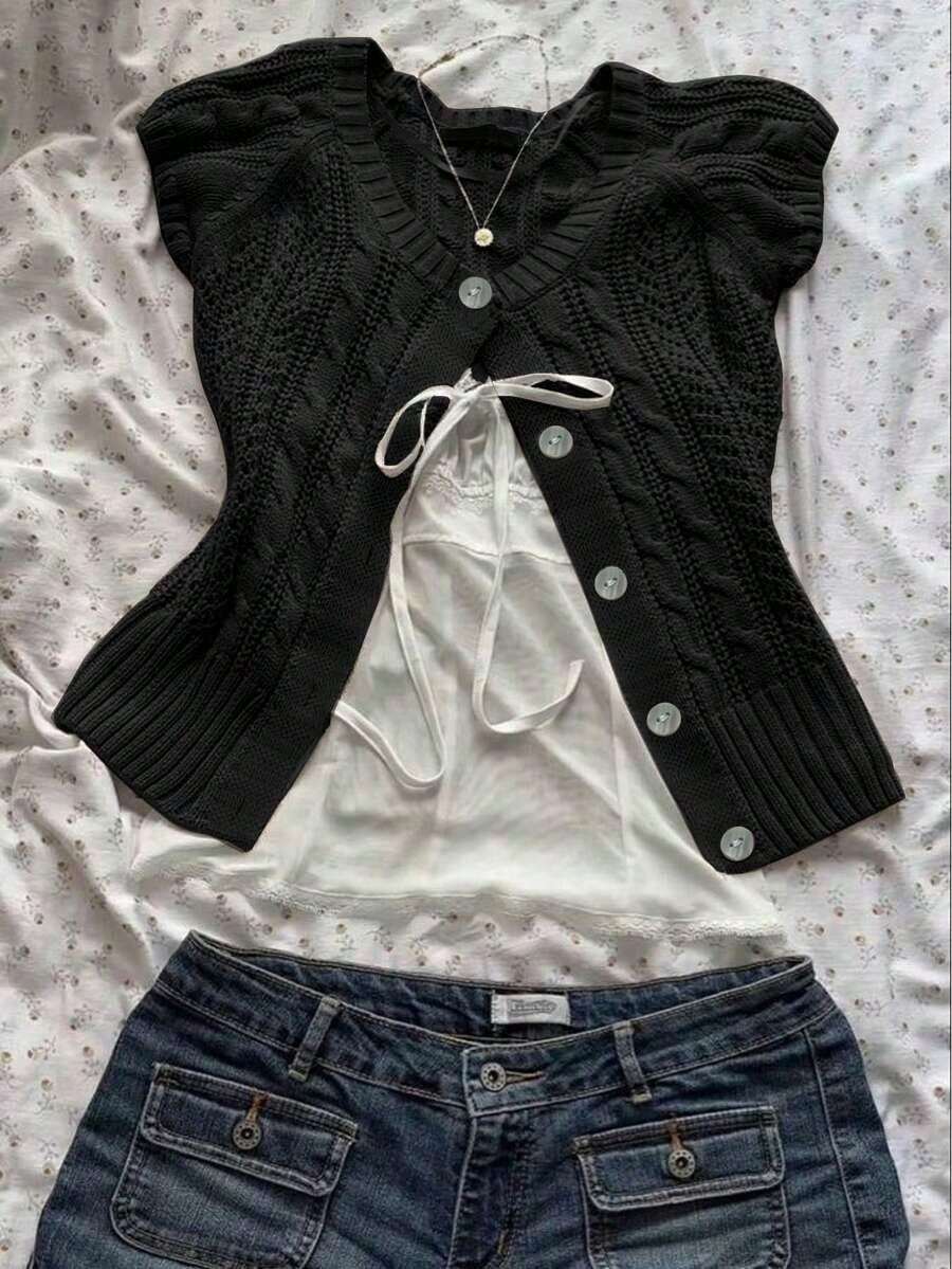 Nuevo cárdigan vintage con botones delanteros y tejido de punto calado - Negro - Ver 1