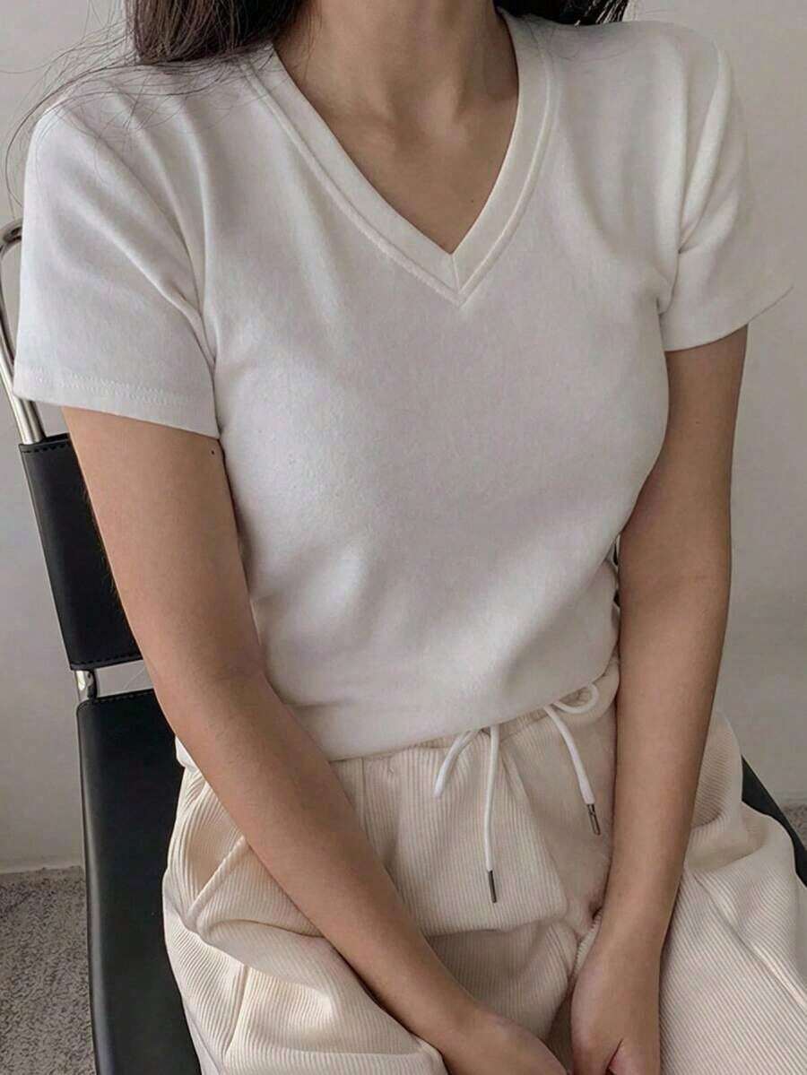 Camiseta de manga corta de cuello redondo de color liso para verano - Blanco - Ver 1