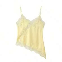 2026 MUMRAP Women's Solid Color Contrast Lace Asymmetric Sleeveless Tank Top, Elegant Loose Backless Casual Summer Top - 黃色 - 查看 4