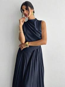 Vestido de línea A con cuello de swing sin mangas y volantes, falda paraguas, para volver al colegio, ropa escolar, fiesta, estilo de mujer de dinero antiguo, atuendos para salir, atuendos de fiesta para mujer, atuendos de oficina para mujer, fald - Azul marino - Ver 4