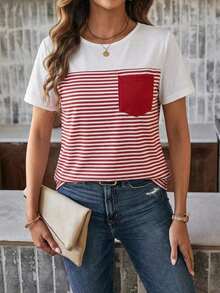 Camiseta de mujer de manga corta con bolsillo y rayas, informal - Rojo - Ver 1