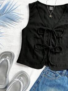 Top sin mangas elegante con textura de tela, estilo bohemio tropical, para ocasiones como vacaciones informales, boda, graduación, brunch, Día de San Patricio, vacaciones de primavera, Pascua, festivales de música - Negro - Ver 6
