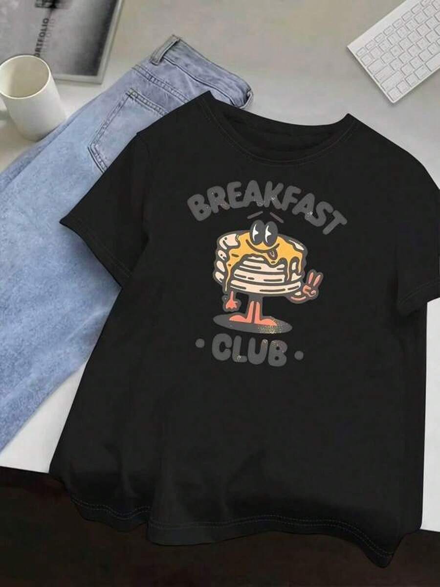 Camisetas Para Mujer AlgodónCamiseta divertida desayuno color negro estampado original casual diario estilo único moda juvenil talla S a XXL categoría ropa mundial 2026 - Negro - Ver 1