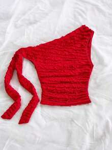 Top ajustado de mujer de hombros asimétricos con tirantes de amarre en color amarillo pálido, adecuado para fiesta, vacaciones, festival de música, estilo bohemio, cita de vacaciones, té de la tarde - Rojo - Ver 2
