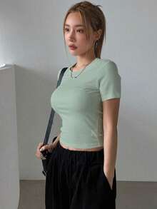 Camiseta Casual De Manga Corta Con Cuello Redondo Y unicolor Para Mujer En Verano - Verde - Ver 3