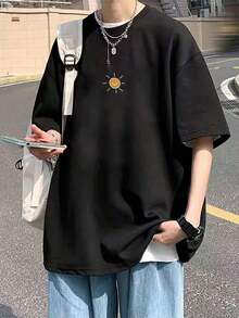Men's Clothing, Men's Short-Sleeved T-Shirt, Round Neck Design, 100% Cotton, Pattern Print, Slim Fit, Casual And Tailored T-Shirt Ideal For Summer, Gift For Local Men In Mexico - 黑色 - 查看 7