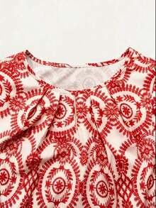 Camisa casual de mujer con cuello redondo y mangas cortas, estampado floral, estilo vacacional - Rojo 2 - Ver 3
