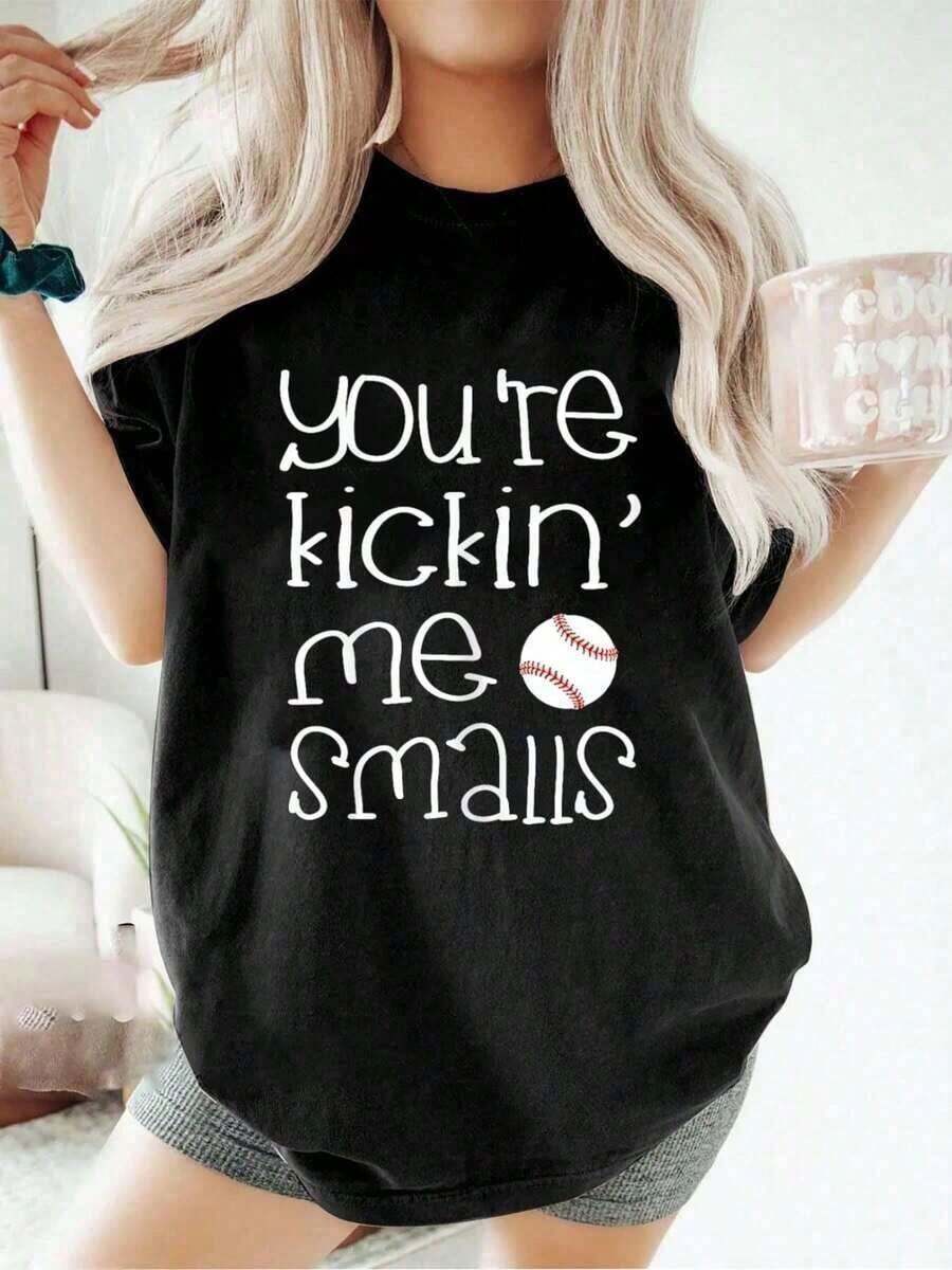 Camisetas Casuales Unisex Premium Lindas 100% Algodón, Camiseta Divertida para Embarazadas - "Me Estás Pateando los Genitales", Camisetas con Gráficos de Béisbol para Mujer - Negro - Ver 1