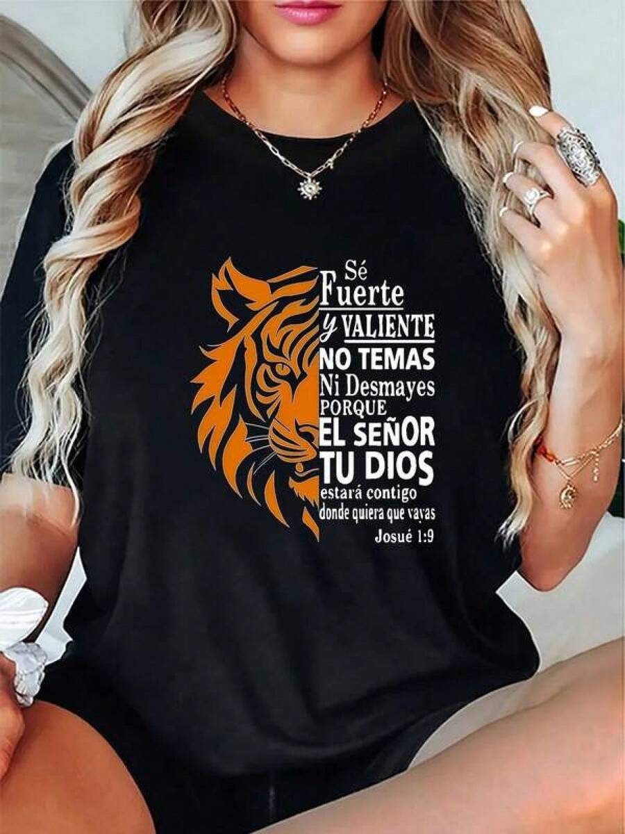 Camiseta casual de mujer con estampado de letras en inglés, cuello redondo, manga corta suave, lavable a máquina, elección perfecta para el verano. Entrega desde almacén local. Comodidad de algodón suave. Disfruta de descuentos especiales. Adecuada para Pascua, Halloween, Día de Acción de Gracias, Navidad, etc. - Negro - Ver 1