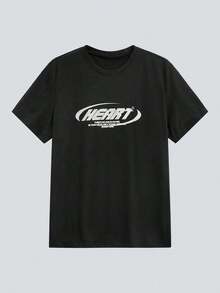 Camiseta gráfica de hombro caído con eslogan MODCRASH, de primavera a verano, estilo retro americano, unisex, ajuste relajado, adecuada para uso diario y atuendos de vacaciones de verano. - Negro - Ver 7